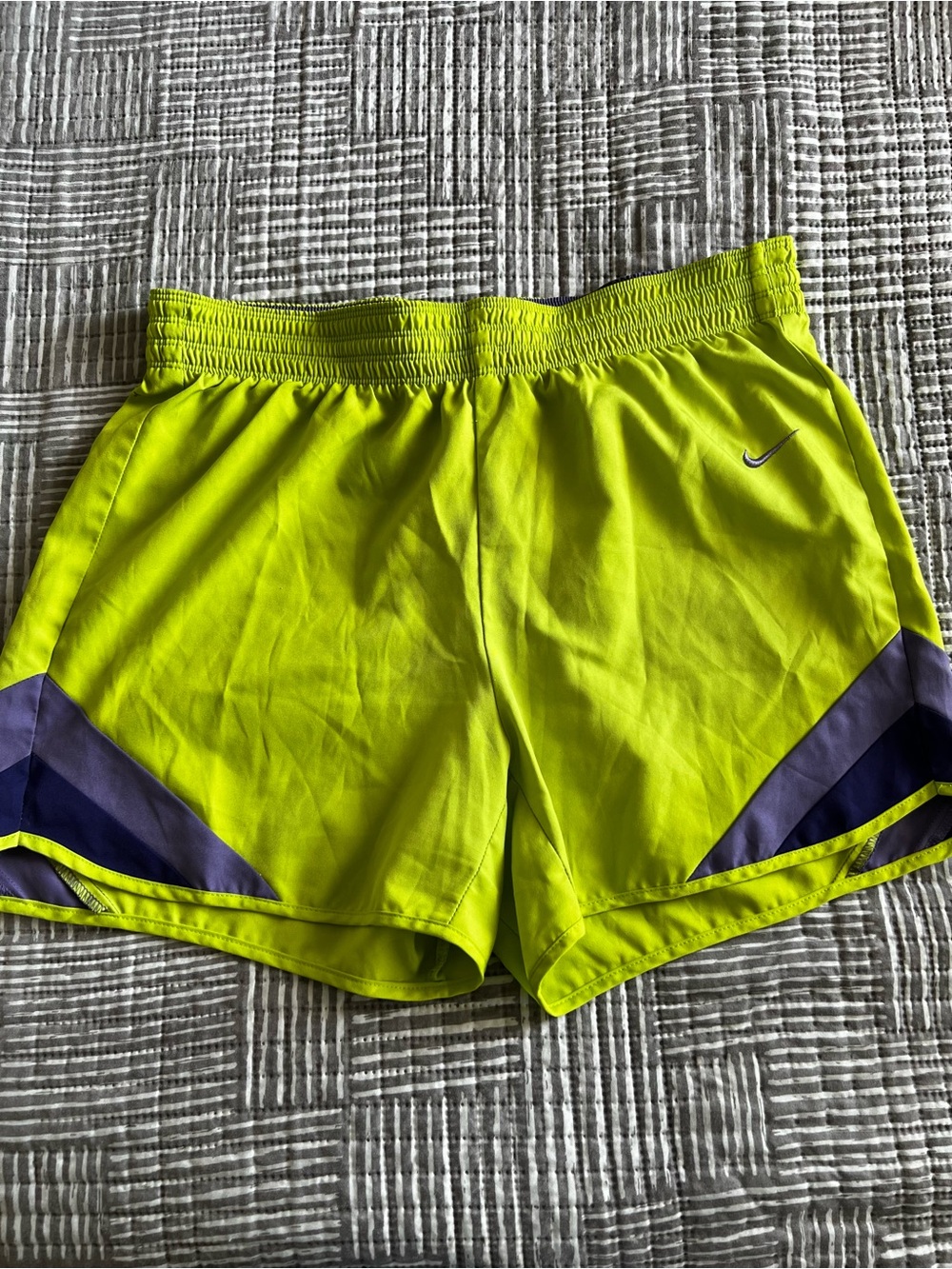 Nike Women’s Neon Yellow Athletic Shorts with Purple Panels